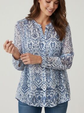 Olsen Europe Blue & White Ikat Print Silk Blouse  XL